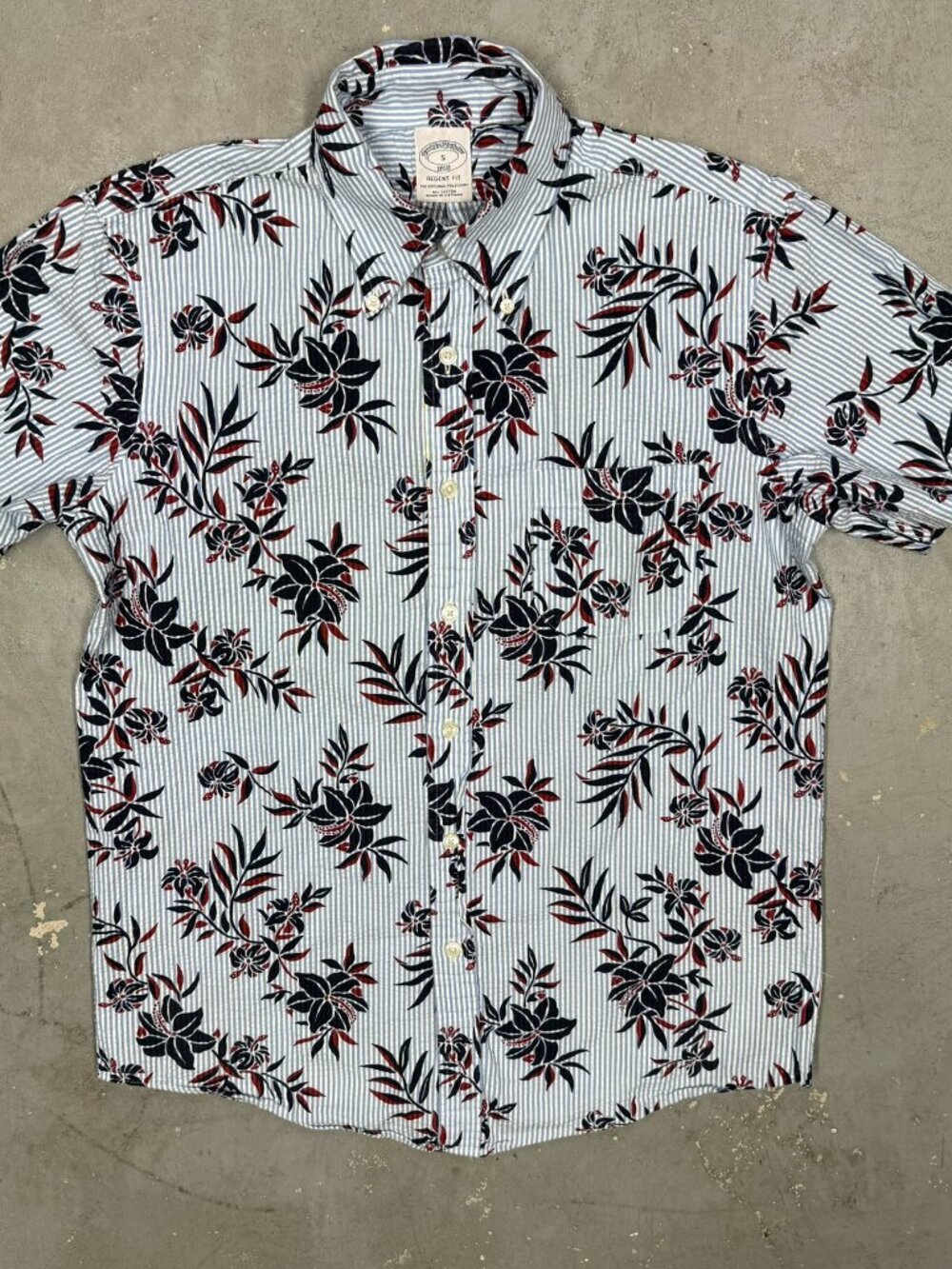 Brooks Brothers Seersucker Shirt Short Sleeve Floral 100% Cotton Small